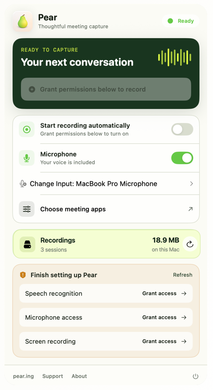 Pear’s menu bar panel with app recording, microphone, Auto-Record, and permission controls.